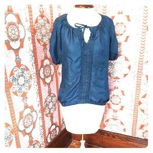 Teal blue boho blouse with crochet details